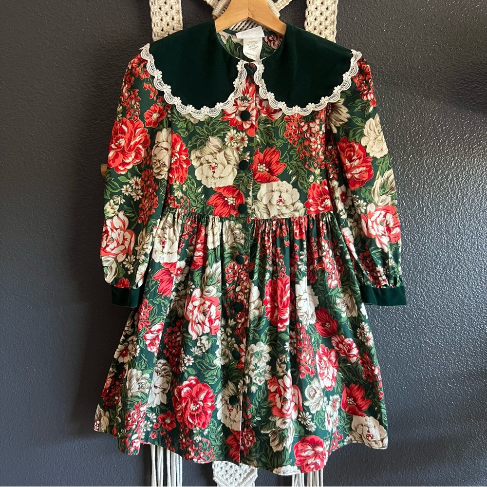 Vintage Bonnie Jean Girls Size 14 Dress Holiday With Velvet Peter Pan Collar - Picture 1 of 7